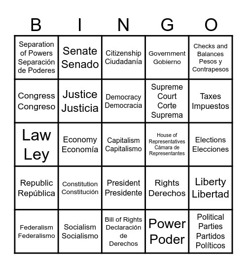 American Government – Key Terms (English & Español) Bingo Card