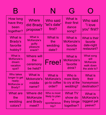 McKenzie's Bridal Bingo Card