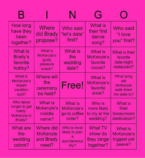 McKenzie's Bridal Bingo Card