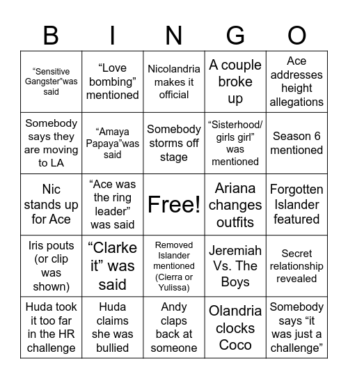 Love Island S7 Reunion Bingo Card