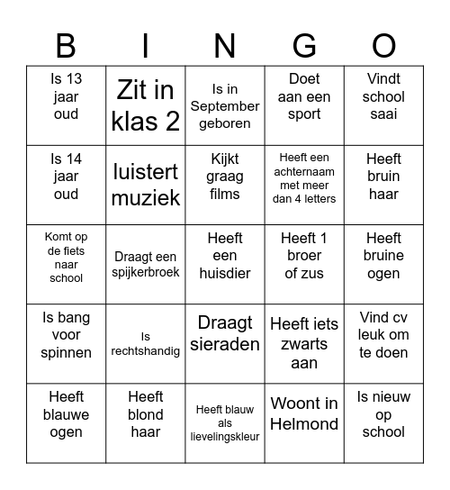 Kennismakings Bingo Card