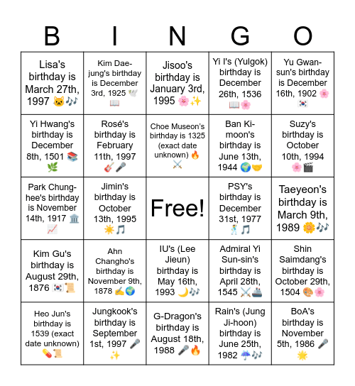 B8 L3 Shin Saimdang's birthday is October 29th, 1504 🎨🌸 Bingo Card