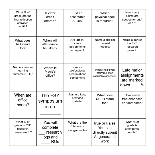 SYLLABUS BINGO Card