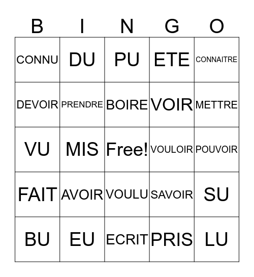 le passe compose (irreg. verbs) Bingo Card