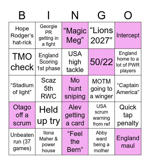 England vs USA Bingo Card