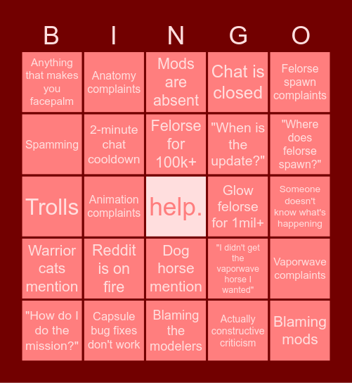 Felorse Update Bingo Card