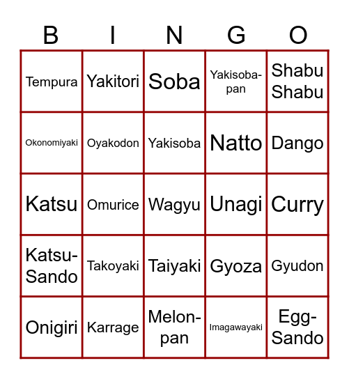 Japanese Food Bingo Card