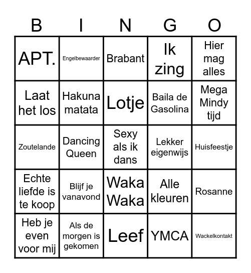 'T Heuveltje Muziekbingo Card