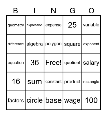 MATH BINGO Card