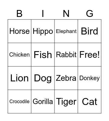 Animals Bingo Card