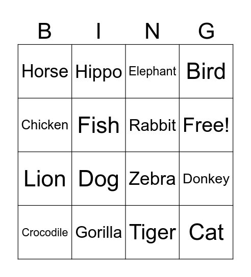 Animals Bingo Card