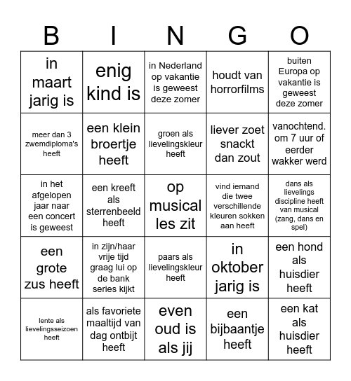 Vind iemand die .... Bingo Card