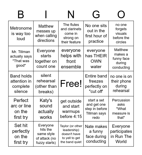 Fury Band Bingo Card