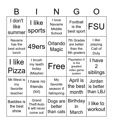 7th Grade Bingo Card