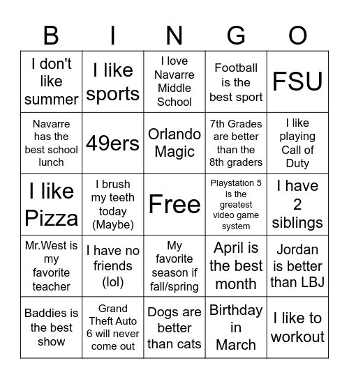 7th Grade Bingo Card