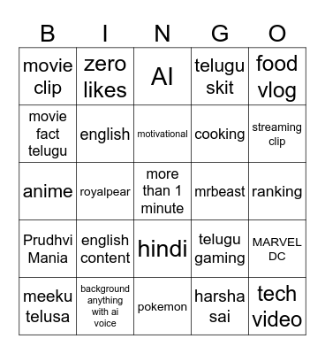 YT SHORTS Bingo Card