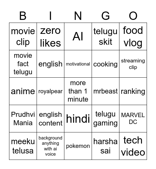 YT SHORTS Bingo Card