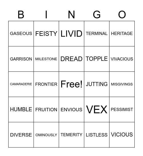 SAT VOCABULARY Bingo Card
