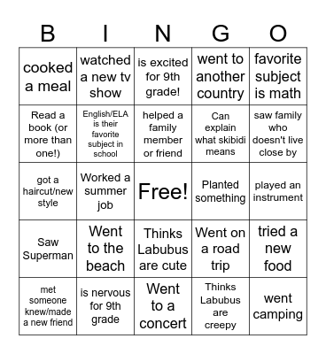 First Day of High School! Bingo Card