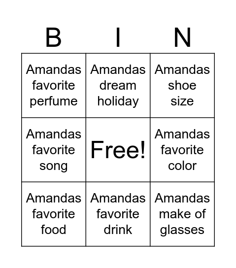 Amanda Bingo Card
