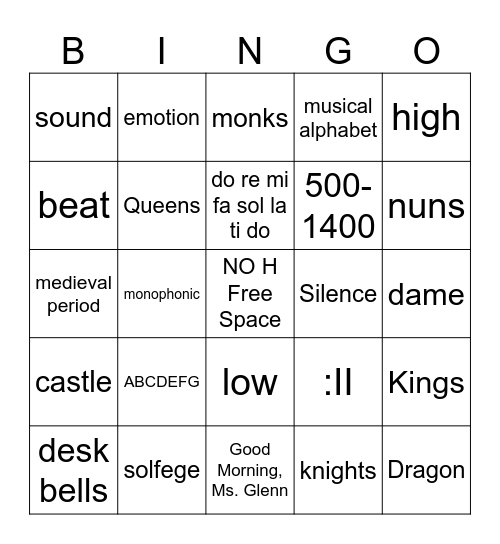 Medieval Period Bingo Card