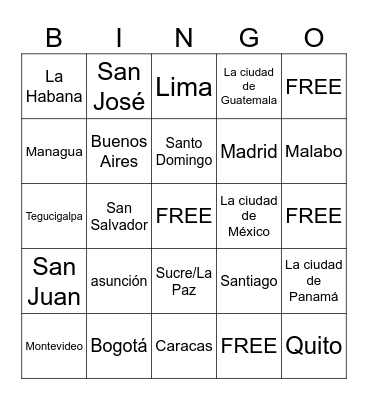 Spanish speaking countries/capitals Bingo Card