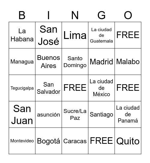 Spanish speaking countries/capitals Bingo Card