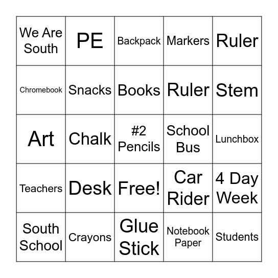 Back to School BINGO Card