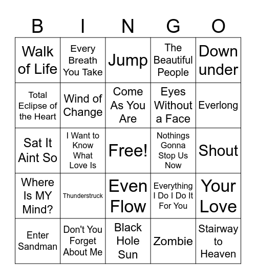 80s/90s Music Bingo Card