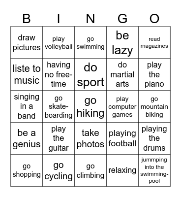 Free Time Activites Bingo Card