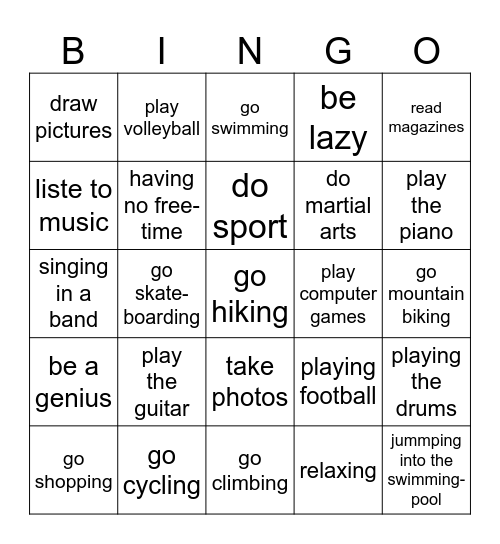 Free Time Activites Bingo Card