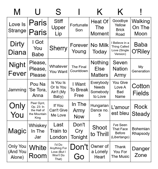 Vinstogo Musikkbingo 13 Bingo Card