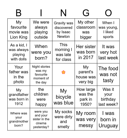 PAST TENSE Bingo Card