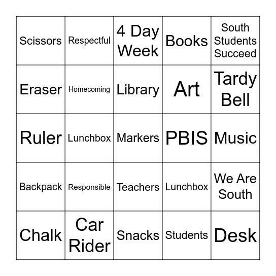 Back to School BINGO Card