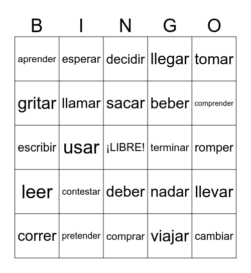 Spanish 2, List 1 Bingo Card