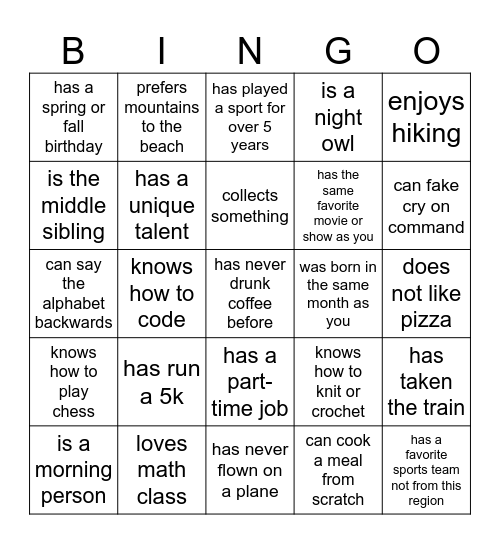 House People Bingo Card