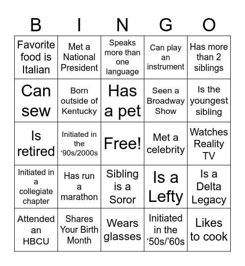 Sister to Sister Bingo Card