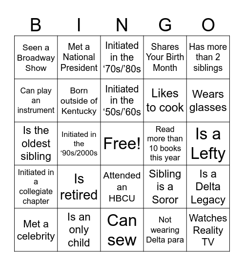 Sister to Sister Bingo Card