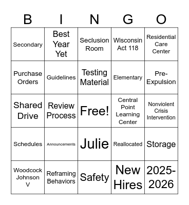 Welcome Back! Bingo Card