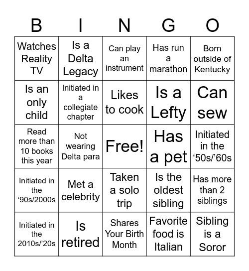 Sister to Sister Bingo Card