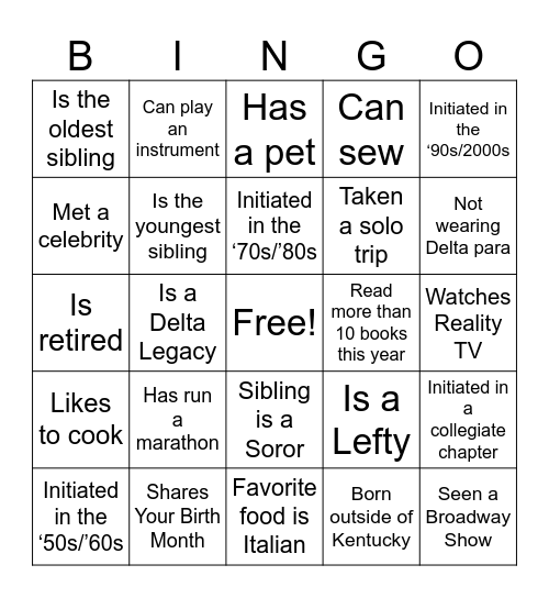 Sister to Sister Bingo Card
