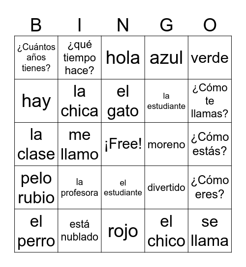 Spanish Review Bingo FY2 Bingo Card