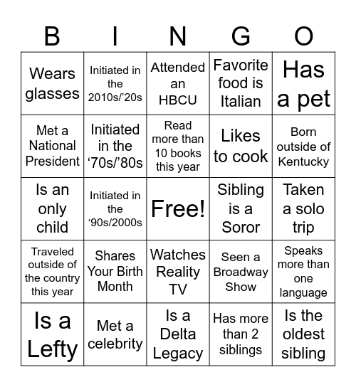 Sister to Sister Bingo Card