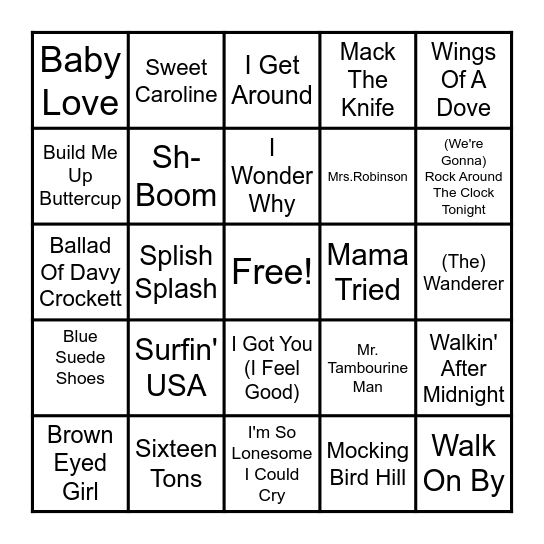 OAKS 50's and 60's Musical BINGO Card
