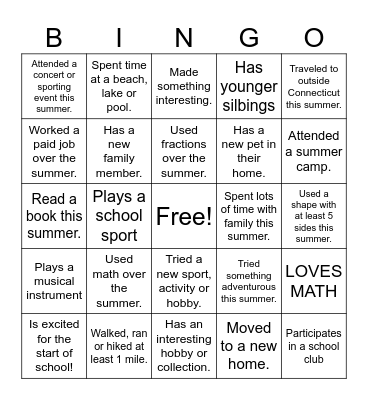 Welcome Back Bingo Card