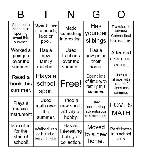 Welcome Back Bingo Card