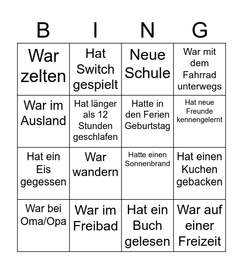 Ferien-Bingo Card