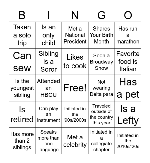 Sister to Sister Bingo Card