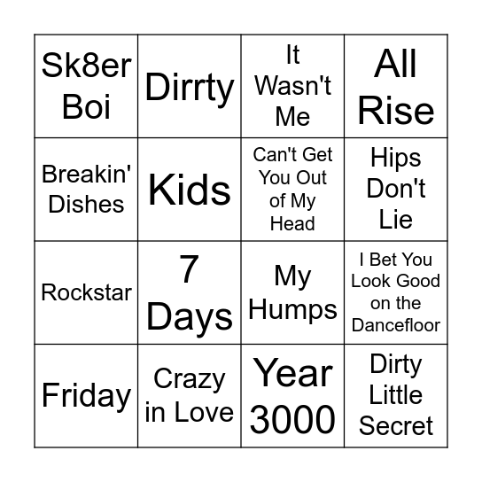 00s Music Bingo Round 1 Bingo Card