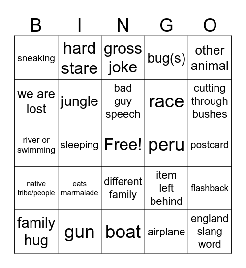 Paddington Peru Bingo Card